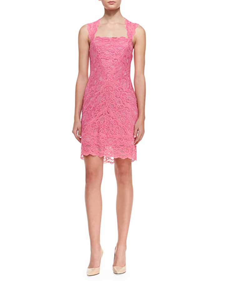 Sleeveless Square-Neck Lace Cocktail Dress, Pink