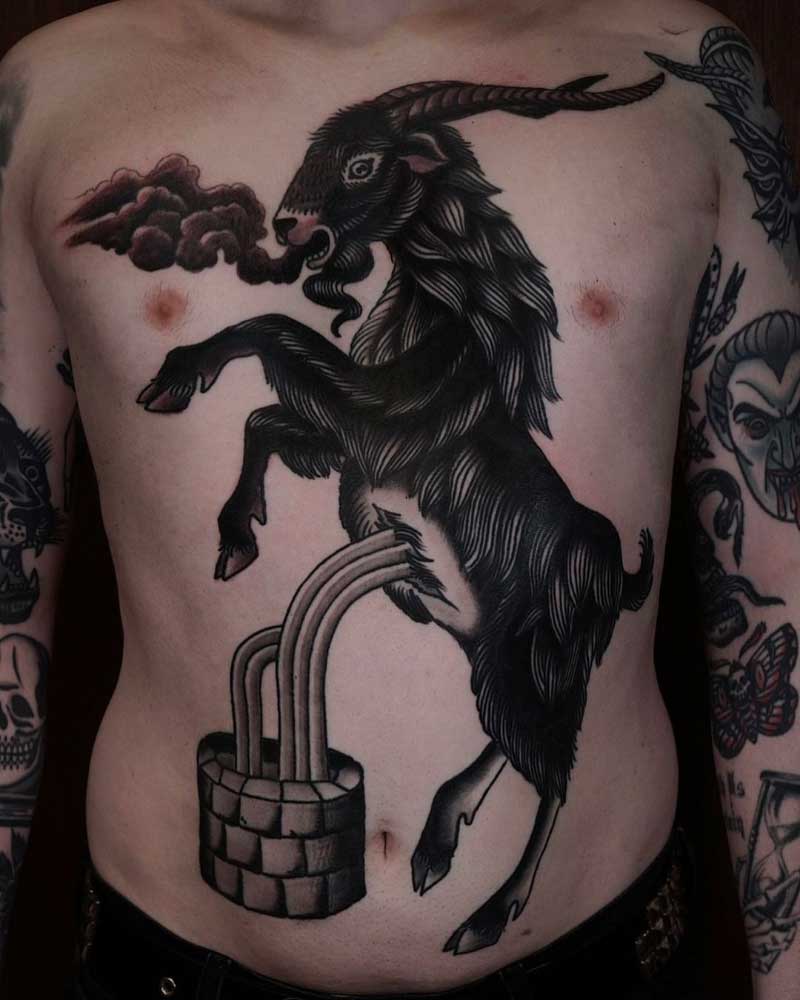 A Man with a Baphomet Chest Tattoo