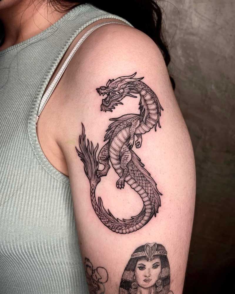 Black Ink and Grayscale Dragon Tattoos